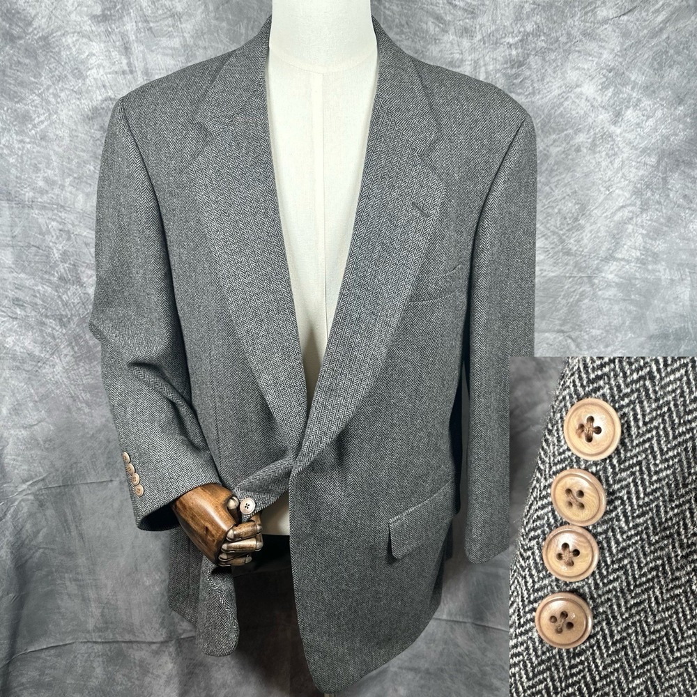 Samuelsohn Tailored Gray Herringbone Wool Cashmere Blazer Sport Coat 44 R